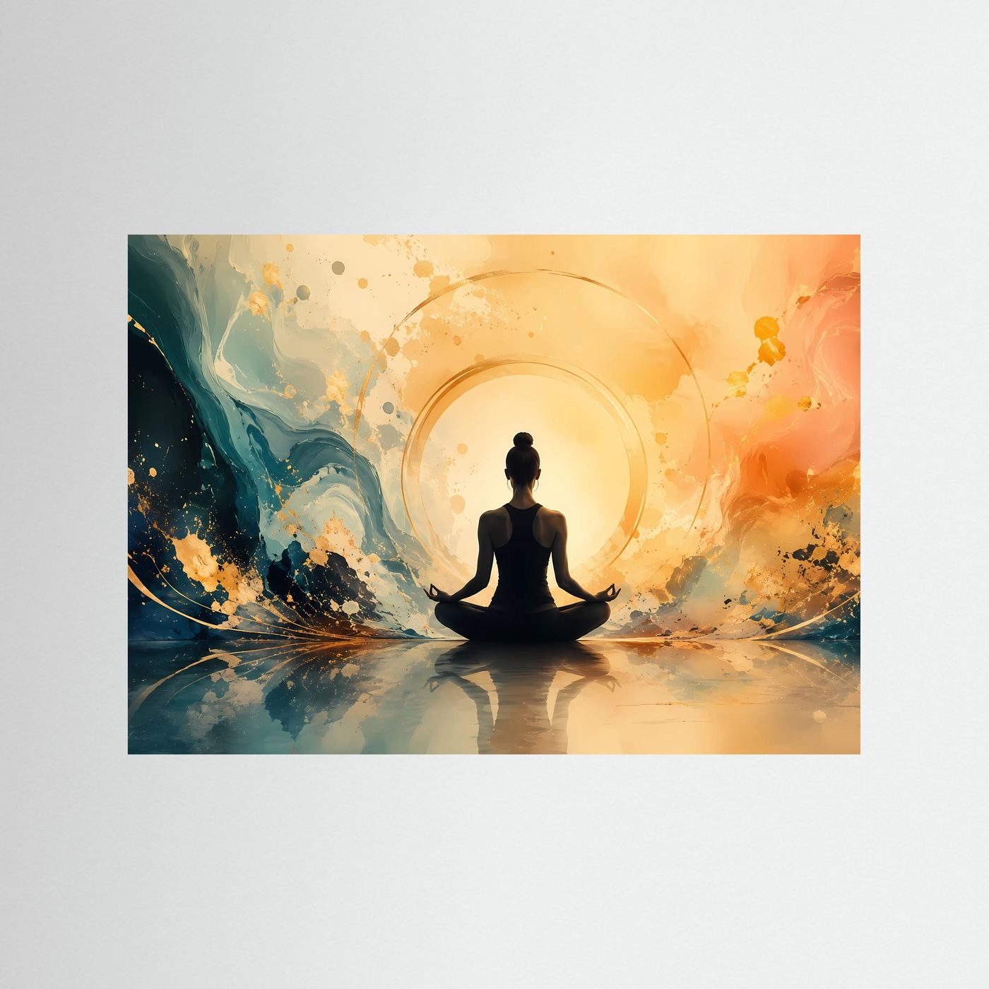 Innere Ruhe und Balance: Meditierende Figur im Lichtkreis | Modernes Yoga-Poster Querformat