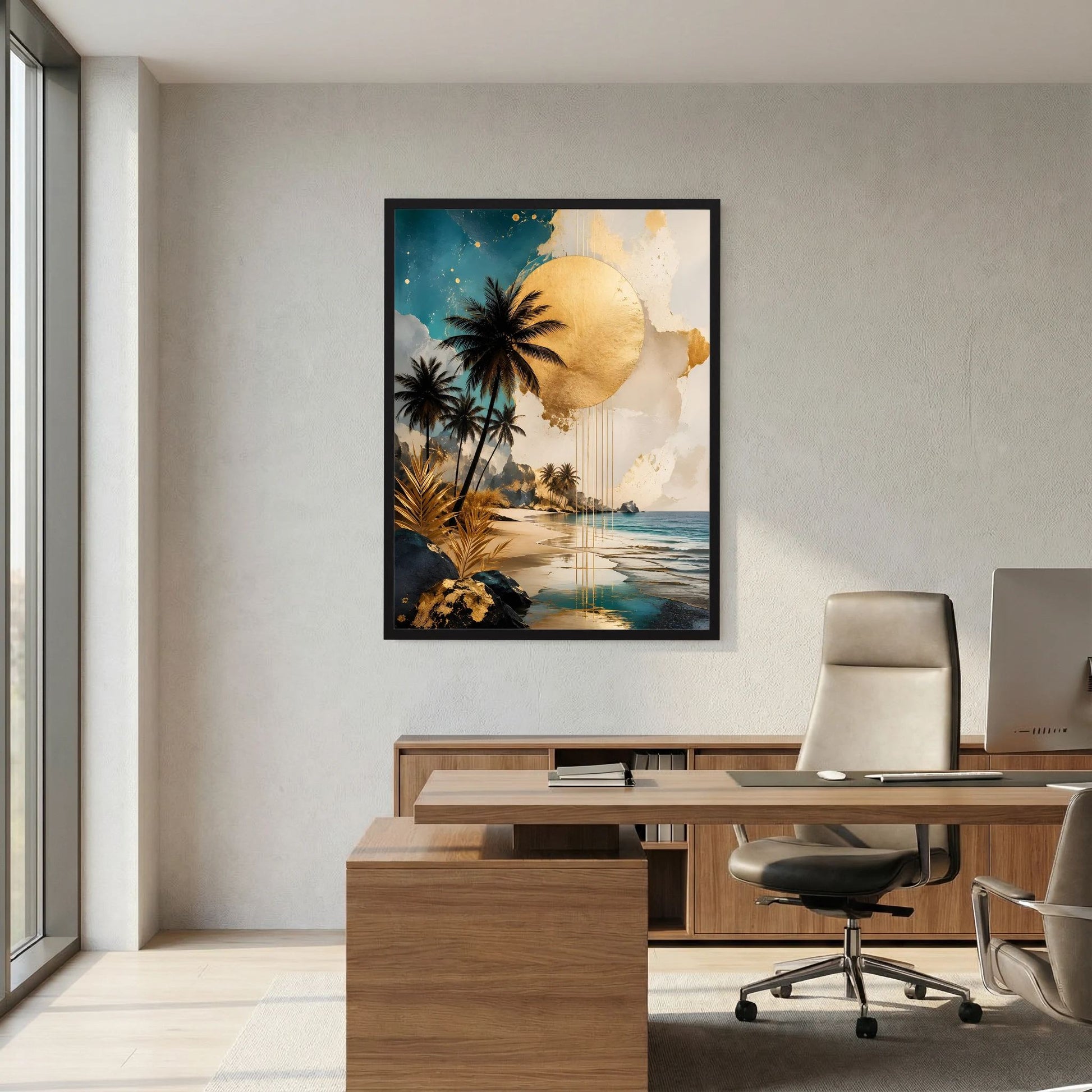 Gerahmtes Poster im Hochformat: goldene Sonne, Palmen und Strandmotiv
