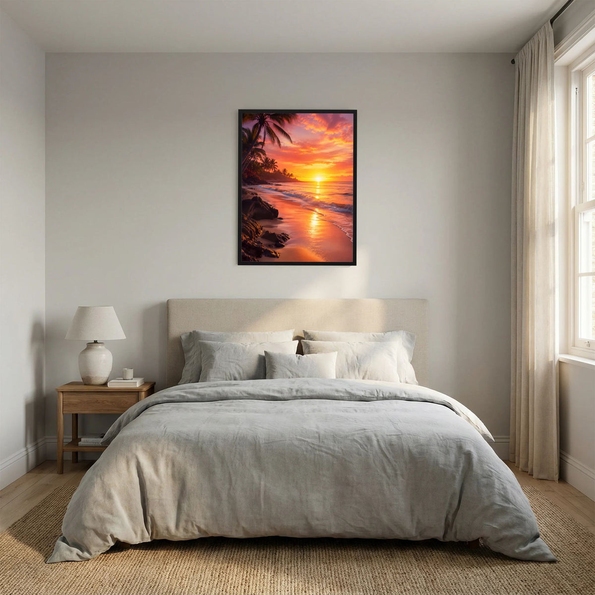 Poster Hochformat Strand-Sonnenuntergang mit Palmen, orange und rosa, schwarzer Rahmen
