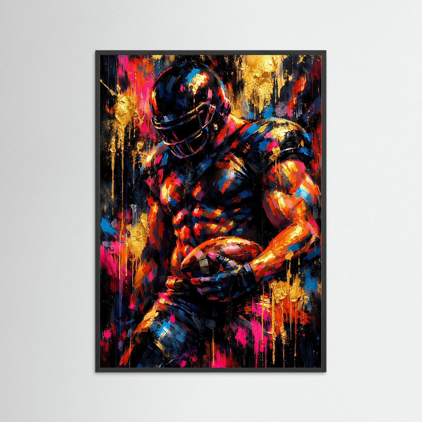 American-Football-Poster mit abstraktem Football-Spieler, goldene Farbspritzer und Neonpink (Hochformat)
