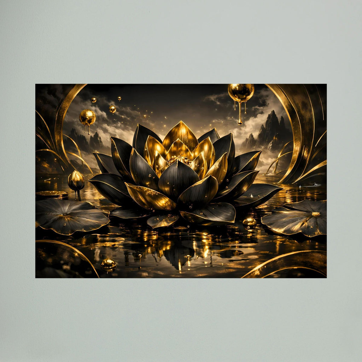 Poster im Querformat: schwarze Lotusblüte mit goldener Wasseroptik und Lichteffekten