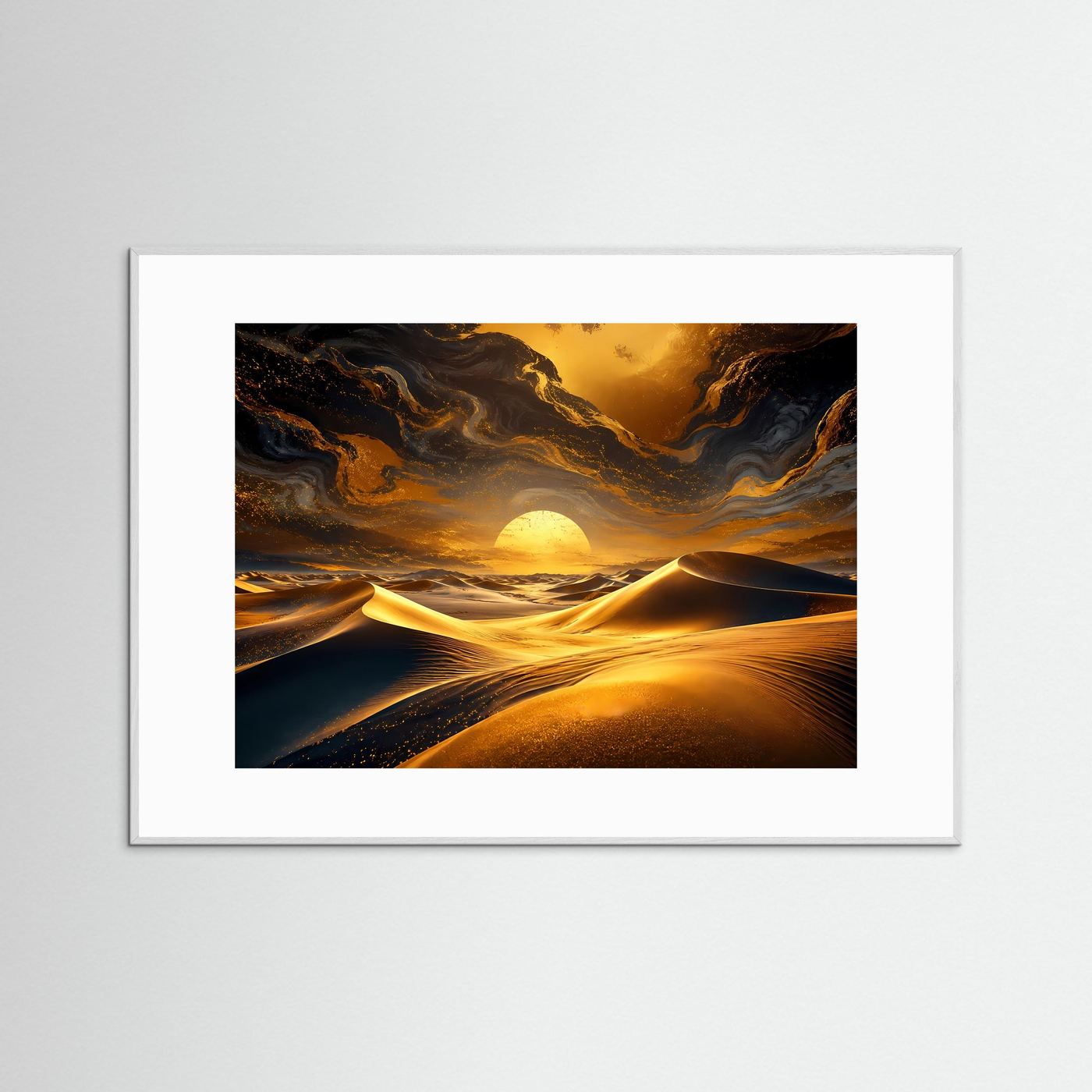Wüsten Sonnenuntergang Poster | Goldene Dünen Wandbild | Abstrakte Wüstenlandschaft | Moderne Luxus Wandkunst