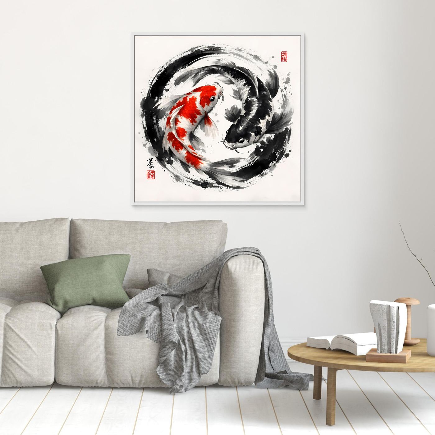 Kleines Leinwandbild mit Koi-Yin-Yang, schwarz-weiß und rot, weiß/silbern gerahmt
