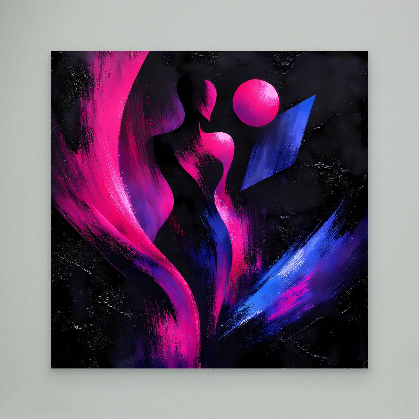 Leinwandbild mit abstrakter Silhouette, Neonpink und Blau, ohne erkennbaren Rahmen