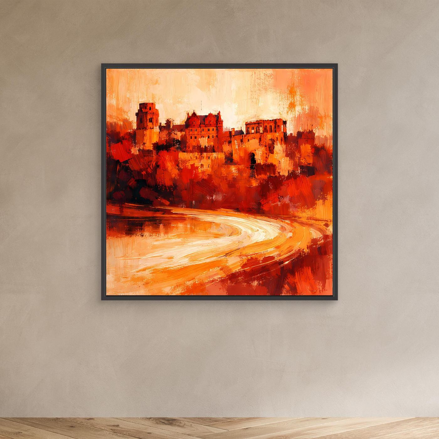 Leinwand Heidelberger Schloss im Abendlicht | Abstraktes Rot‑Ocker Wandbild mit Struktur und Tiefe