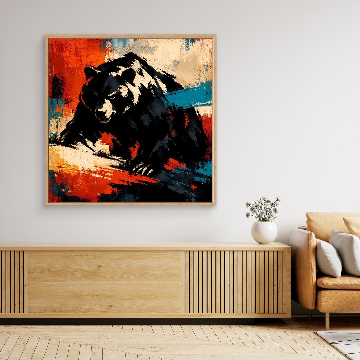 Abstraktes Leinwand-Wandbild mit Grizzlybär, kräftige Kontrastfarben in Schwarz, Rot und Blau, mit Rahmen
