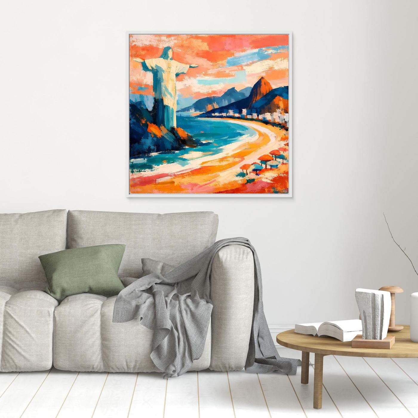 Wandbild mit weißem Rand: abstrakter Strand mit Bergen, blauem Wasser und Sonnenschirmen.