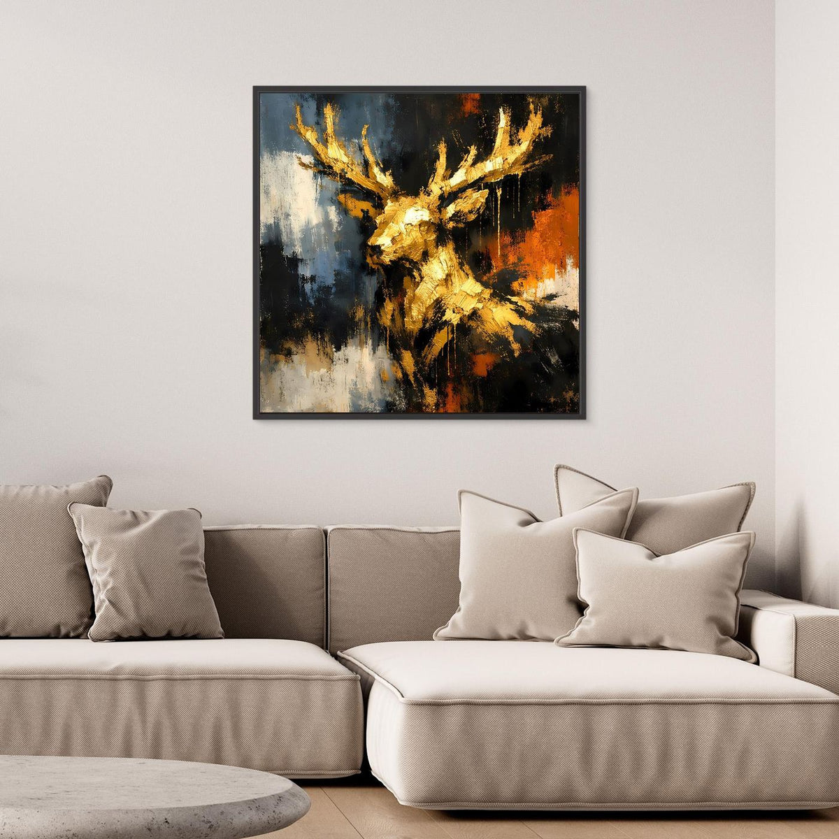 Gerahmtes Leinwand-Wandbild mit goldfarbenem Hirschkopf und Geweih, schwarzer Rahmen