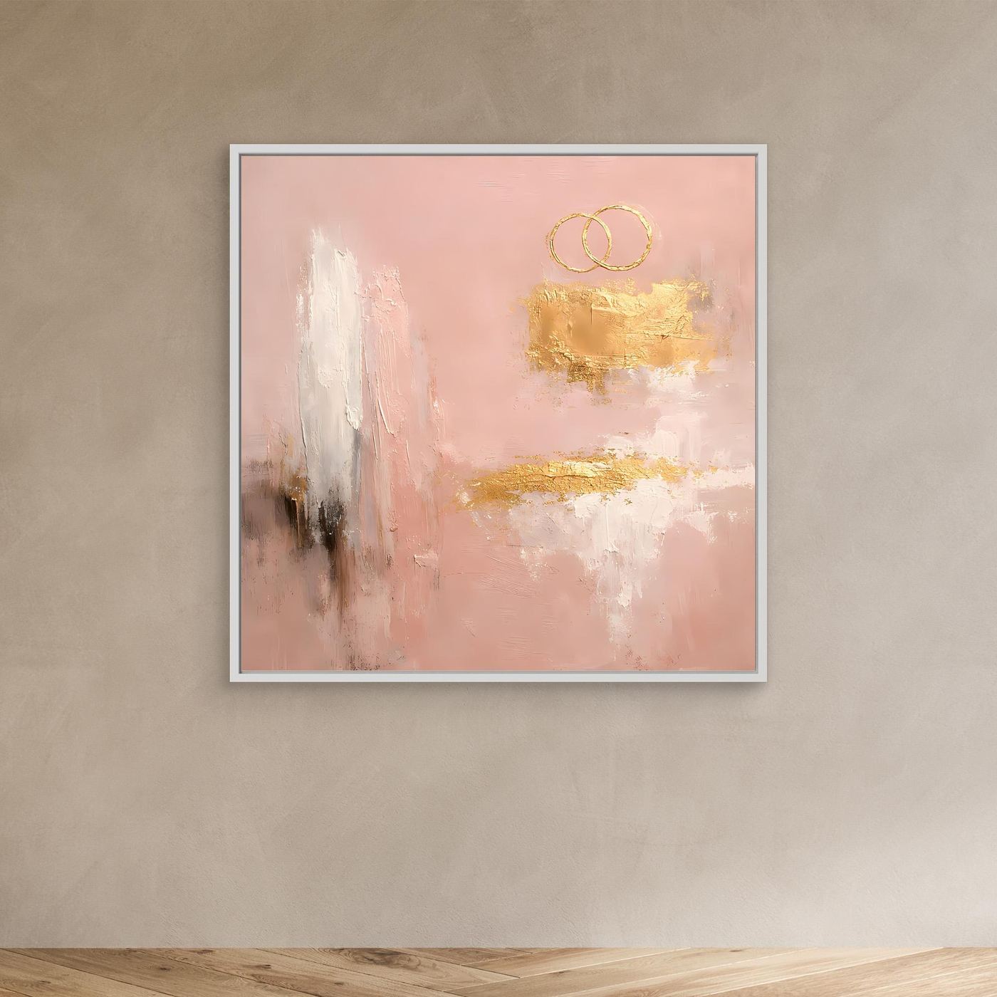 Leinwand Abstraktes Hochzeitsgemälde in Altrosa und Gold | Modernes Wandbild Eheringe