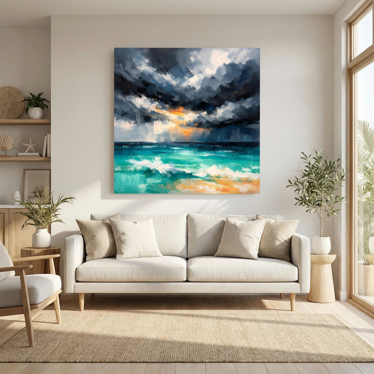 Abstraktes Wandbild: stürmische Wolken über blau-türkisfarbenem Meer, orange Lichtstreifen