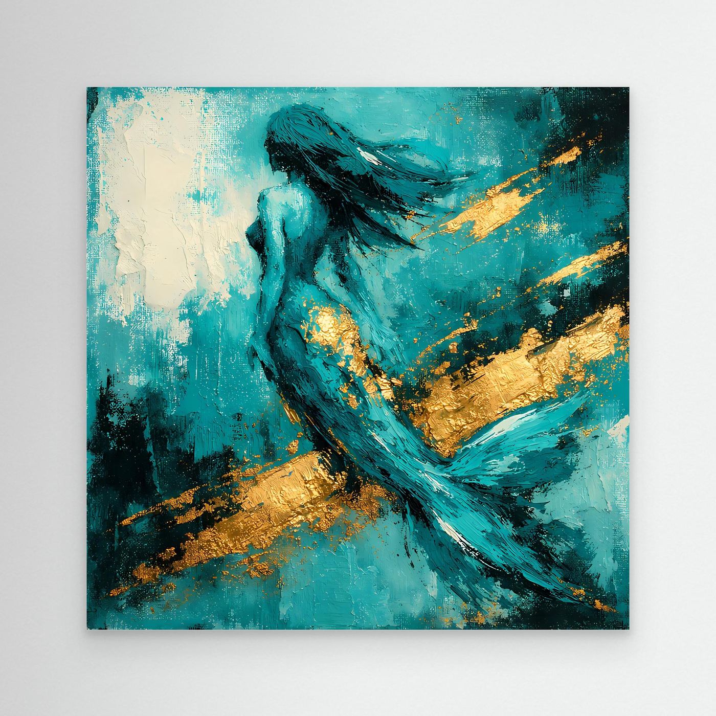 Leinwand Elegante Meerjungfrau in Türkis | Abstraktes Nixen Wandbild Gold Blau