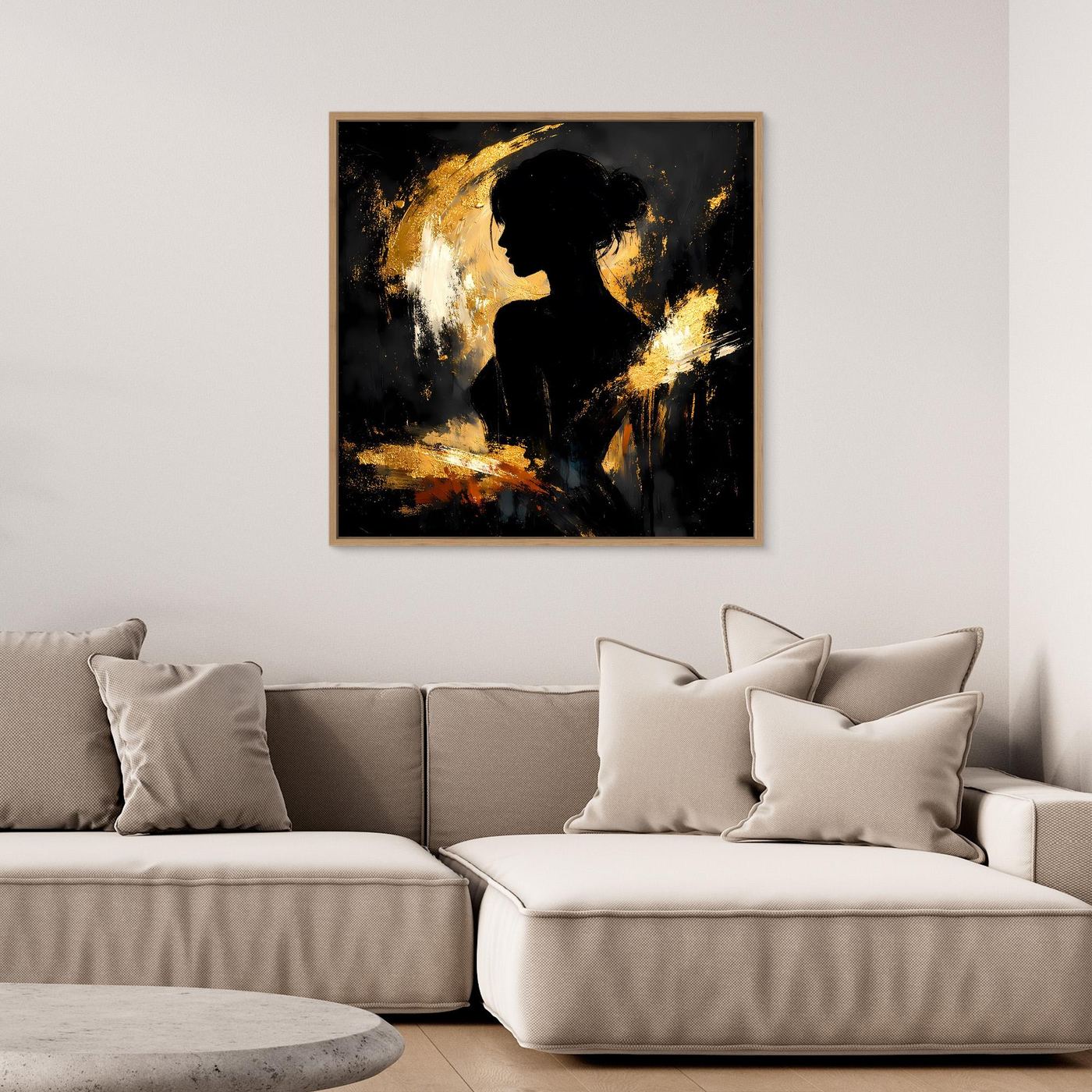 Leinwand Elegante Silhouette in Gold und Schwarz | Modernes Abstraktes Frauen Portrait Wandbild