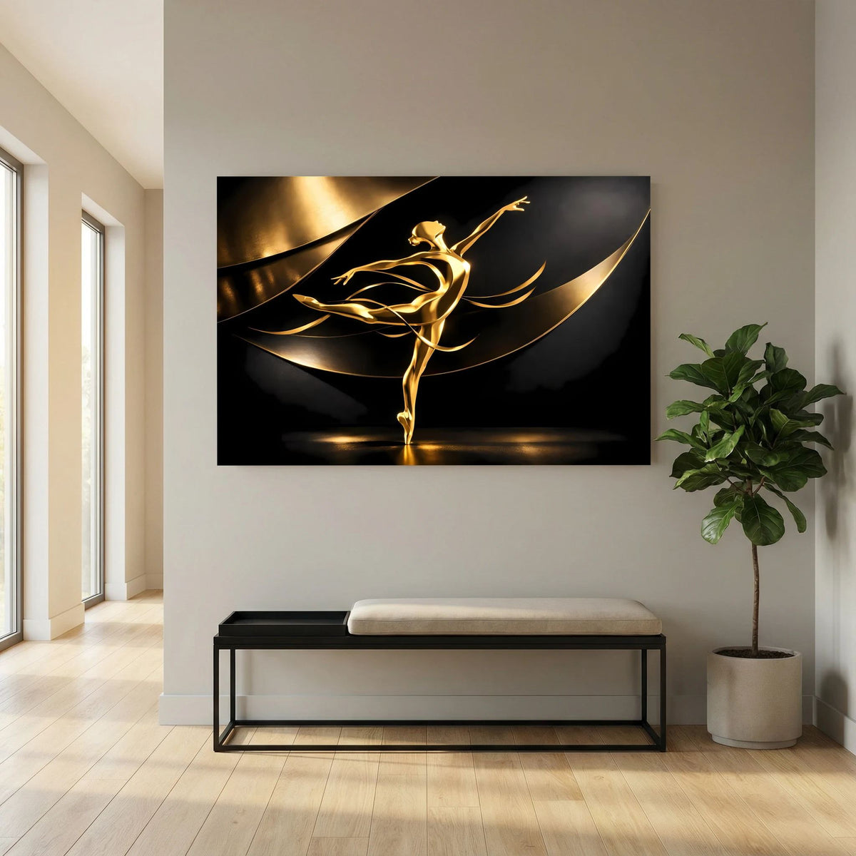 Wandbild im Querformat mit goldener Ballerina auf schwarzem Hintergrund