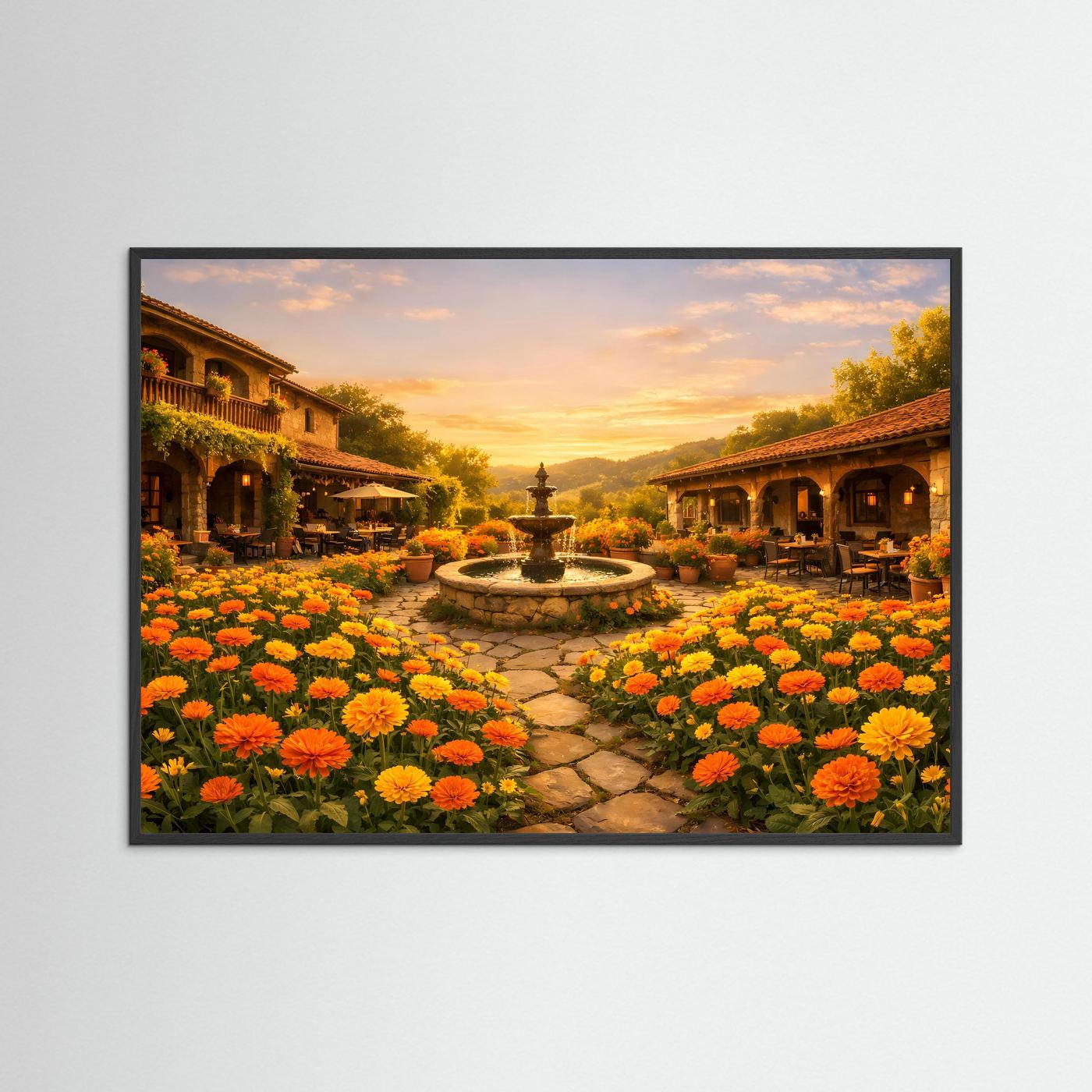 Wandbild mit Blumenbeeten und Springbrunnen, schwarzer Rahmen