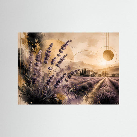 Poster im Querformat mit Lavendelfeld in Violett, goldenen Sonnenkreisen und Landschaftsansicht