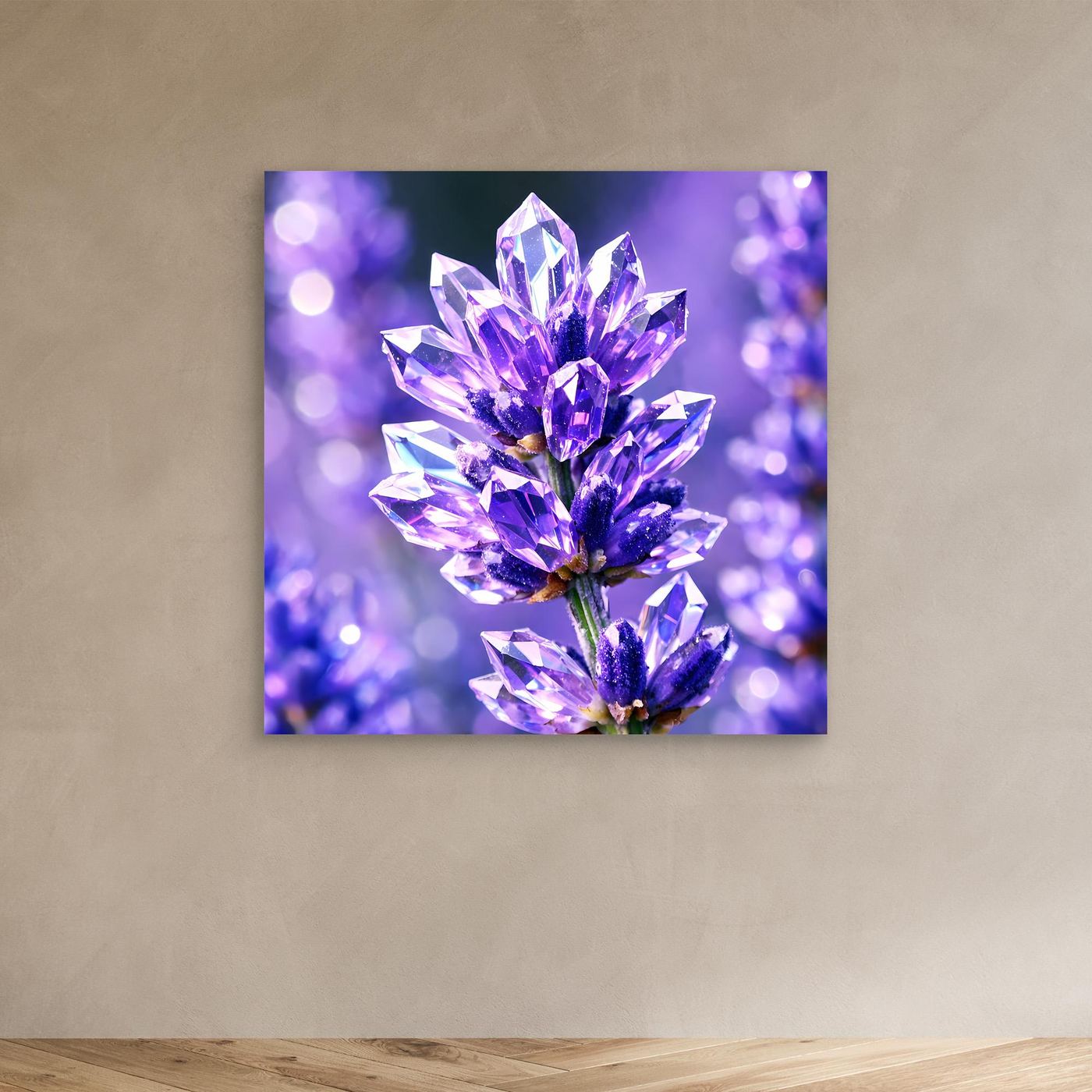 Leinwandbild mit abstrakter Kristallblume in Lavendel und Violett, ohne Rahmen
