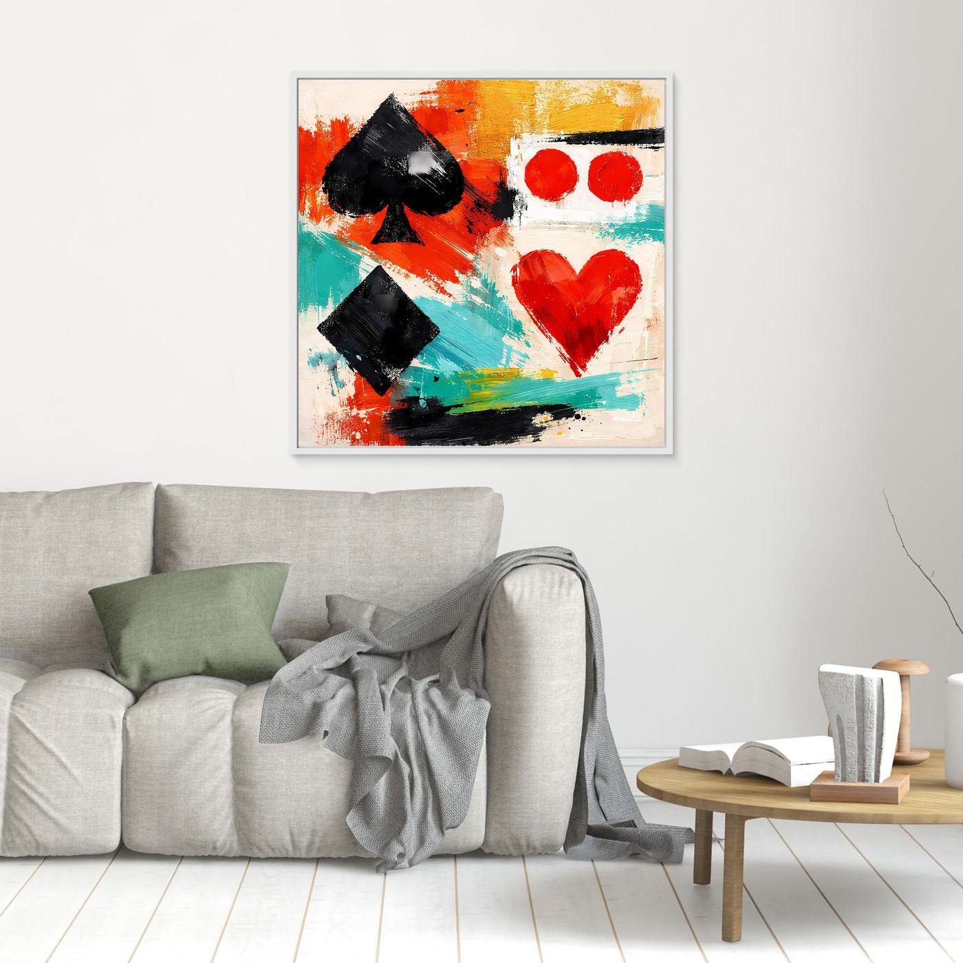 Abstract canvas wall art with black spade and diamond, teal strokes, red hearts; no frame