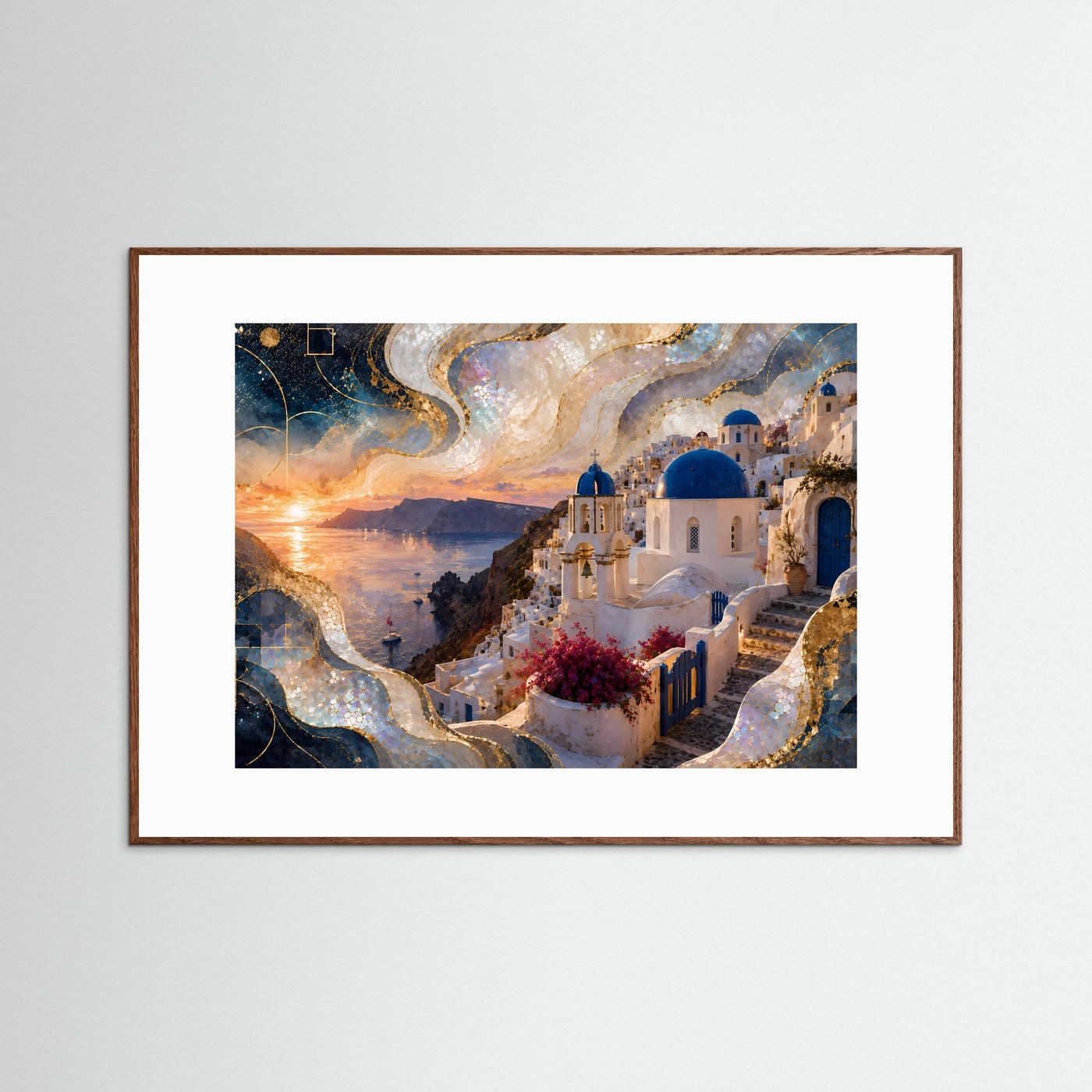 Gerahmtes Poster Querformat mit Santorini-Motiv: goldener Sonnenuntergang über blauen Kuppeln