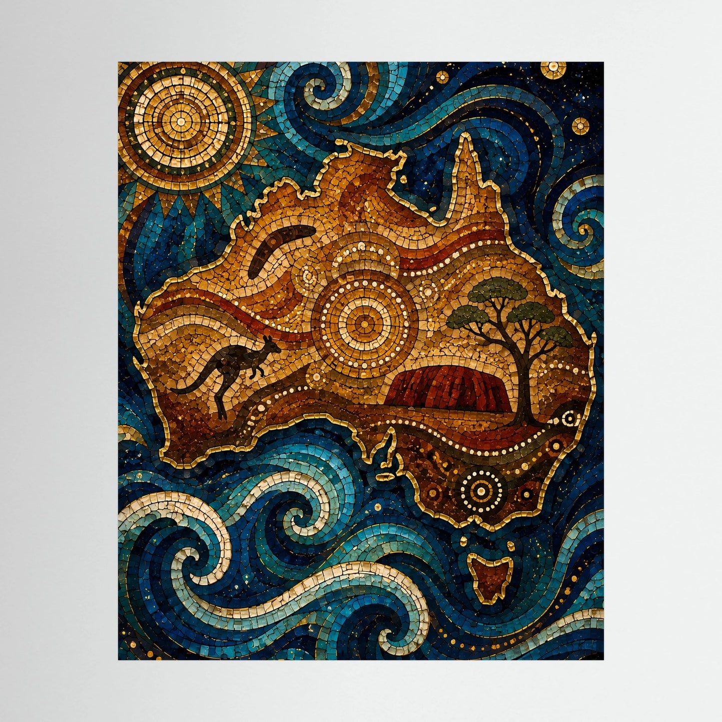 Hochformat-Poster mit Mosaikmotiv von Känguru, Himmel und Wellen in Blau und Gold