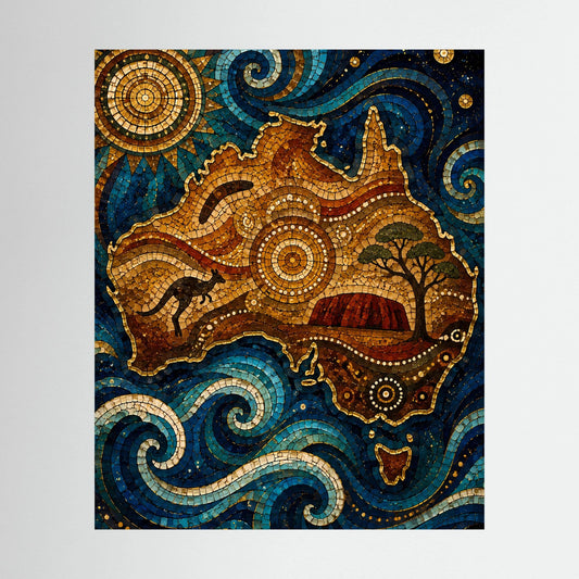Hochformat-Poster mit Mosaikmotiv von Känguru, Himmel und Wellen in Blau und Gold