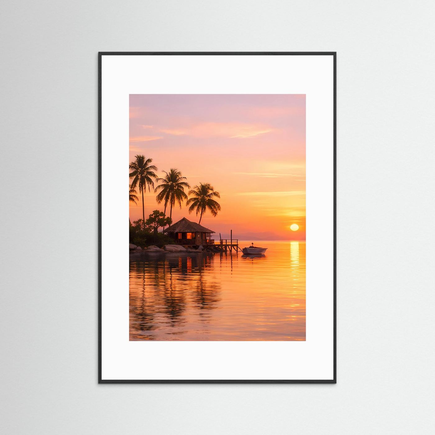 Poster mit tropischer Insel bei Sonnenuntergang, weißer Rand und Rahmen