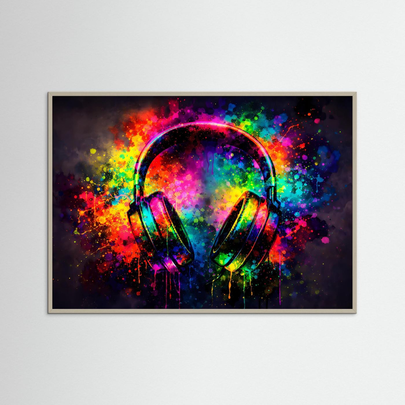 Musikposter mit Neon-Kopfhörern im Splash-Design, grauer Rahmen, Querformat