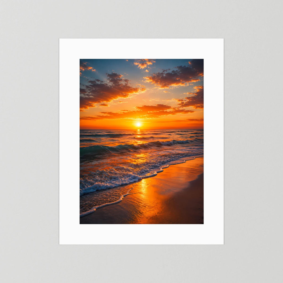 Hochformat-Poster Sonnenuntergang am Meer, weißer Papierabstand, orangefarbenes Meer und Strand
