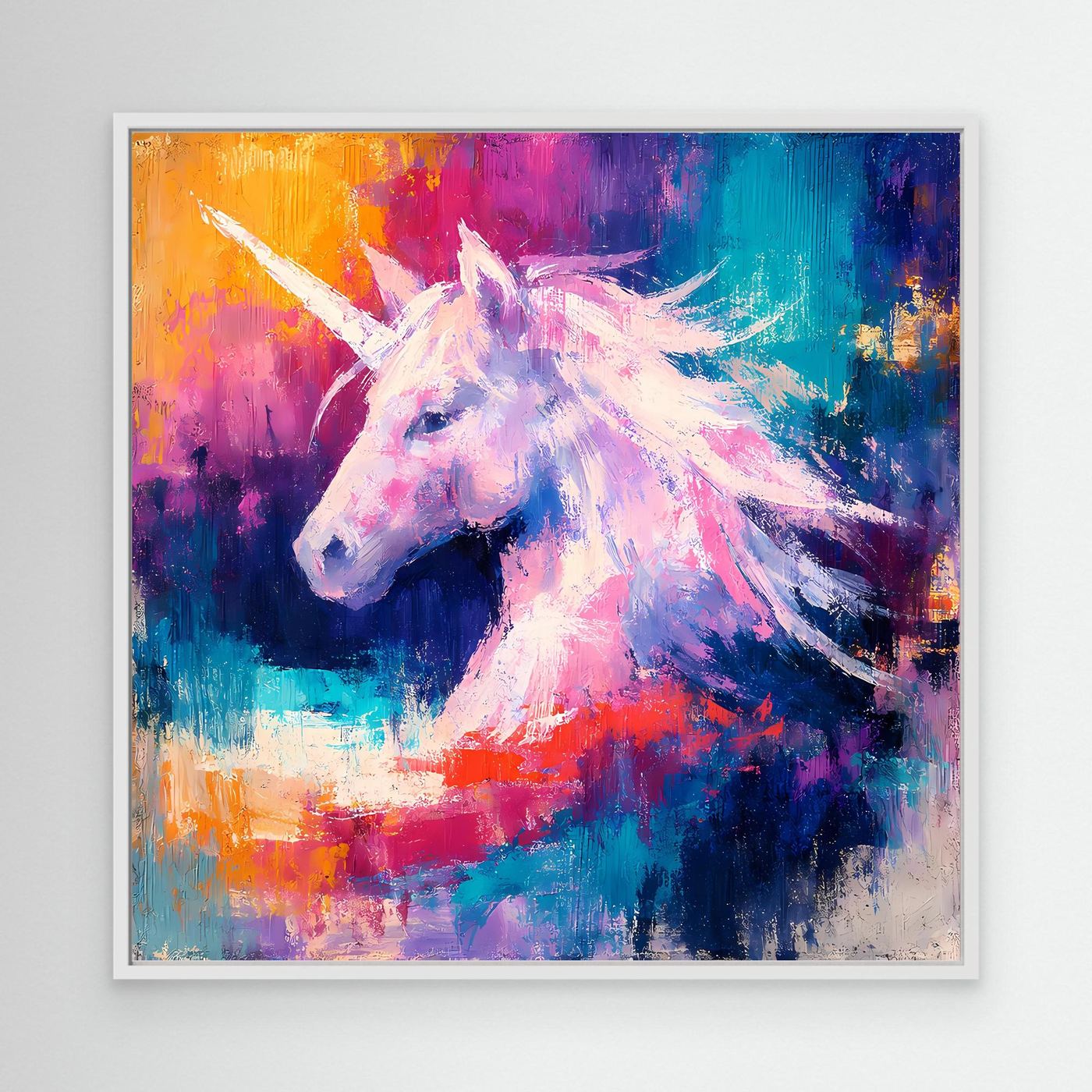 Leinwand Elegantes Einhorn im Farbenmeer | Abstraktes Fantasy & Pastell Wandbild