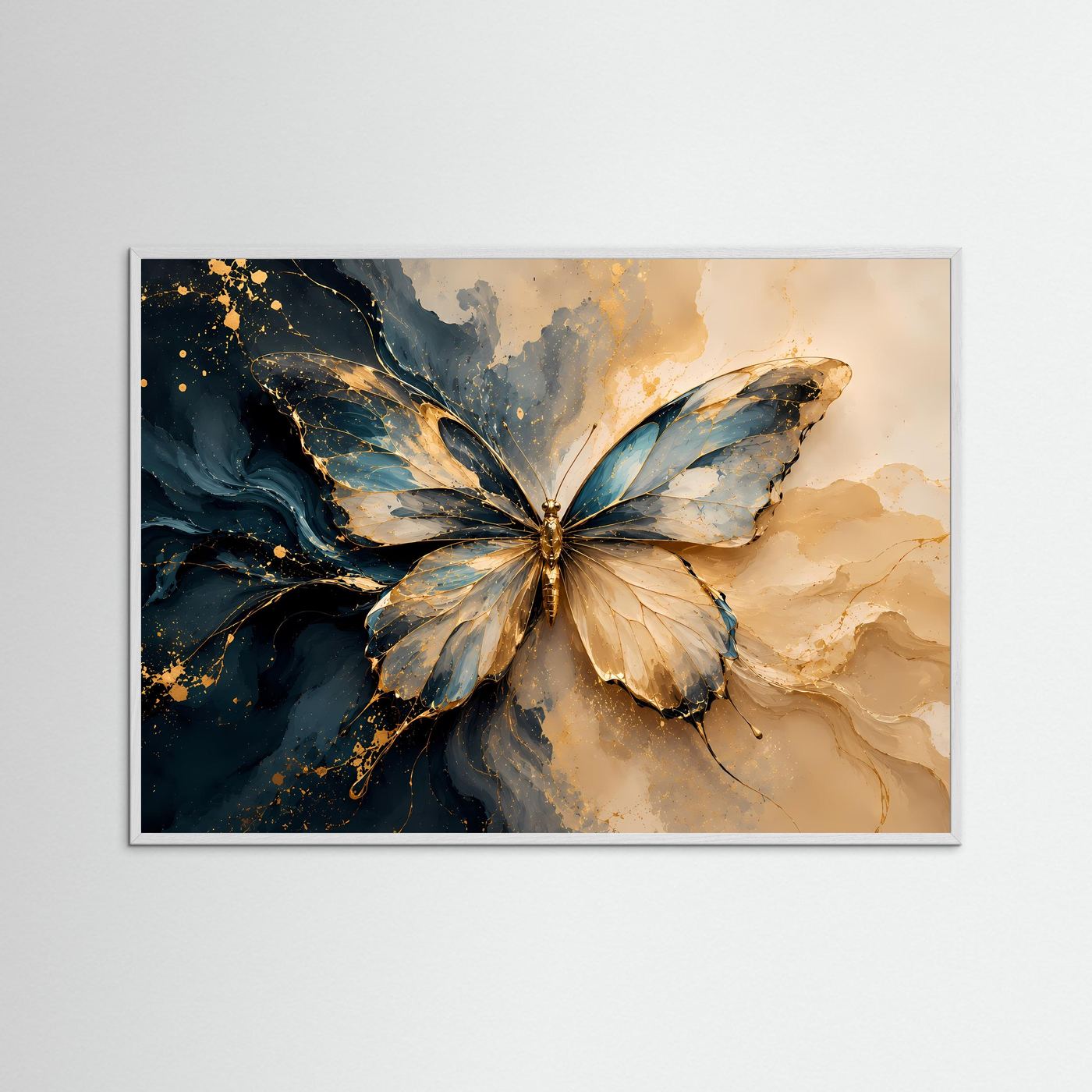 Eleganter Schmetterling in Blau & Gold | Abstrakte Kunst in Creme & Petrol