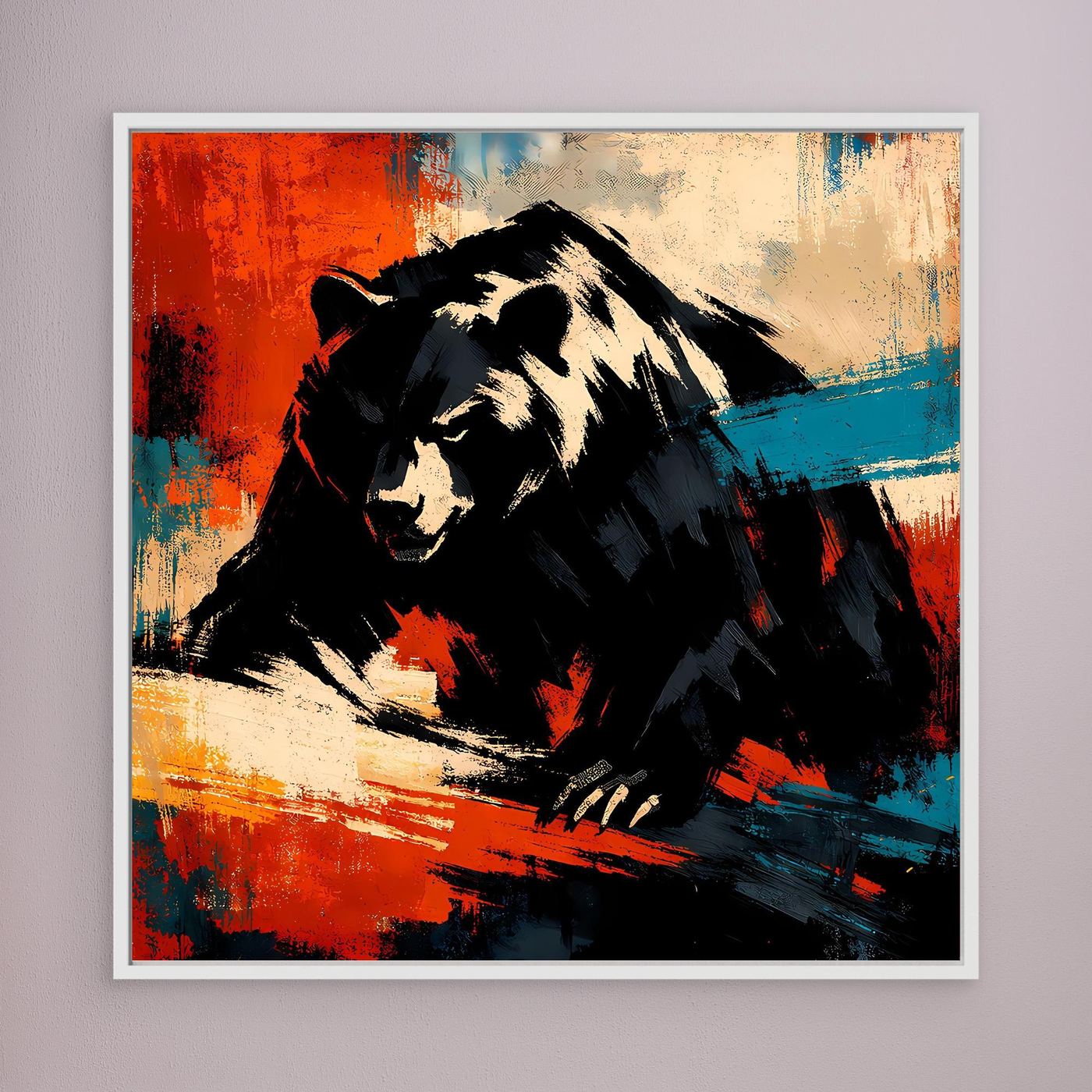 Leinwand-Wandbild: abstrakter Grizzlybär, schwarz-beige, Rot- und Blauakzente, weißer Rahmen