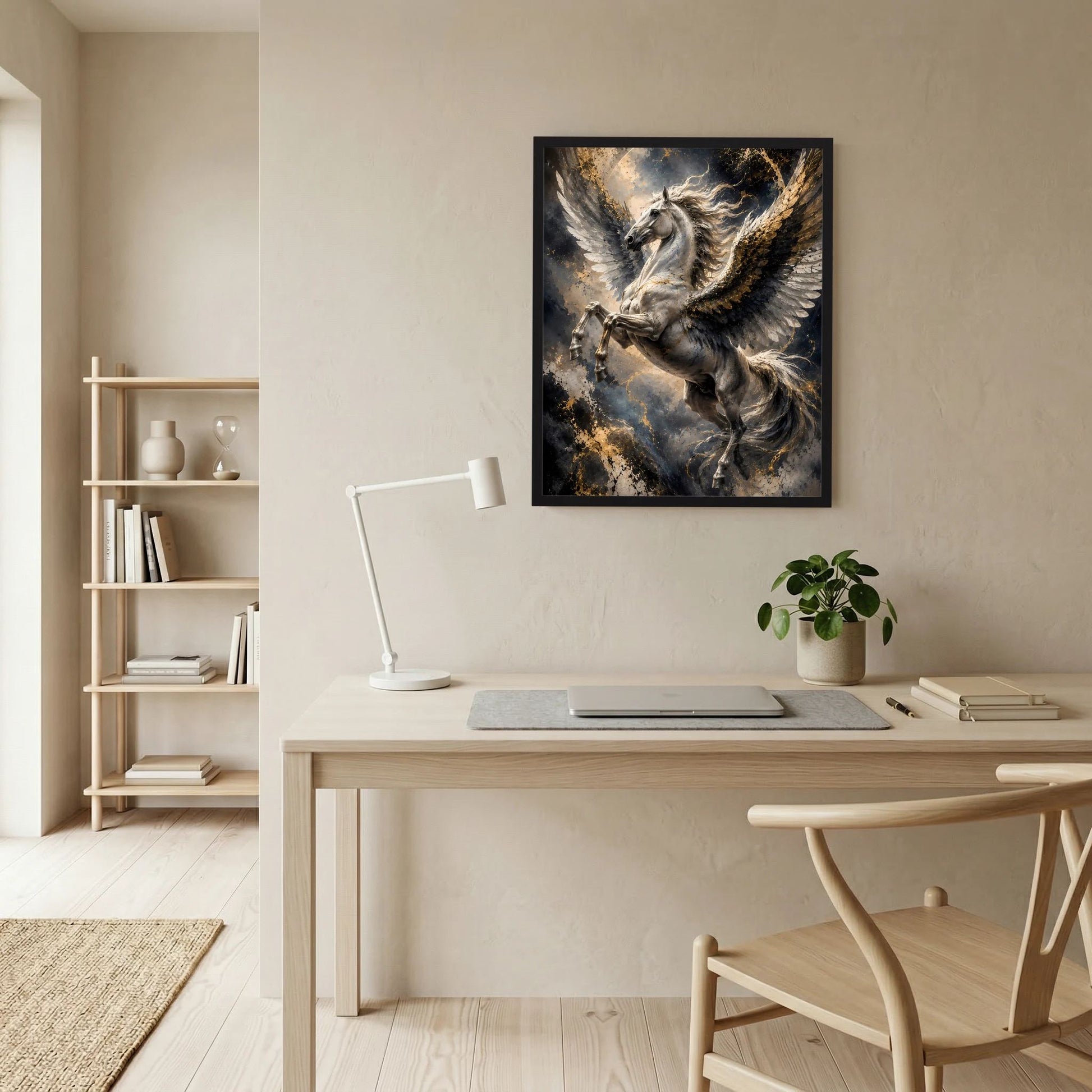 Pegasus-Poster im schwarzen Rahmen: silbernes Pferd mit goldenen Flügeln