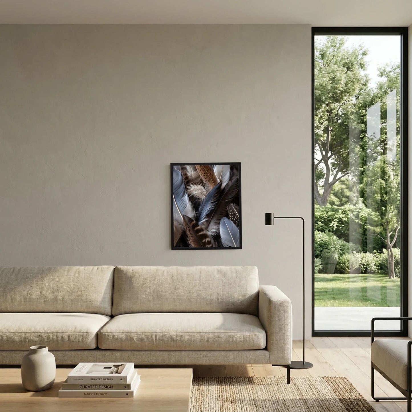Kunstposter mit Federbild im schwarzen Rahmen über Sofa an beiger Wand