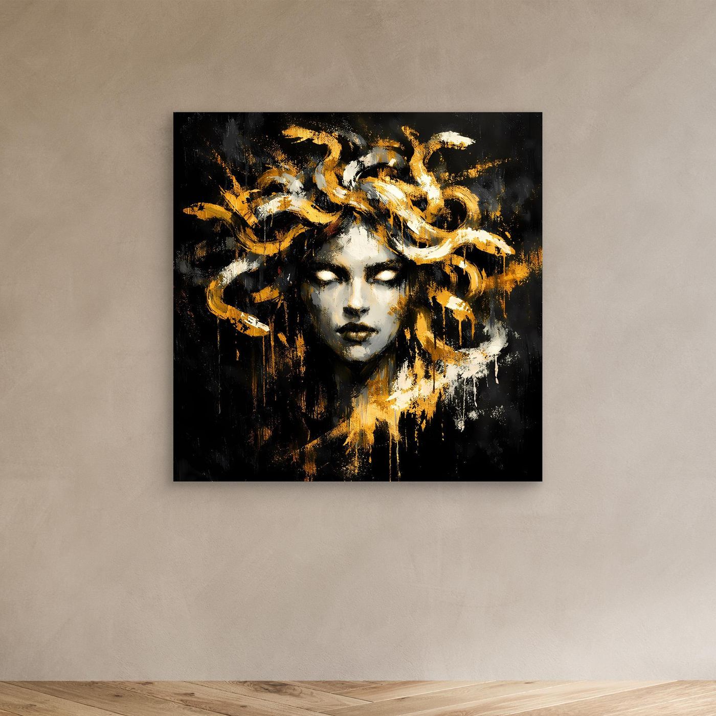 Leinwand Goldene Medusa Gorgone | Abstraktes Mythologie Wandbild Modern