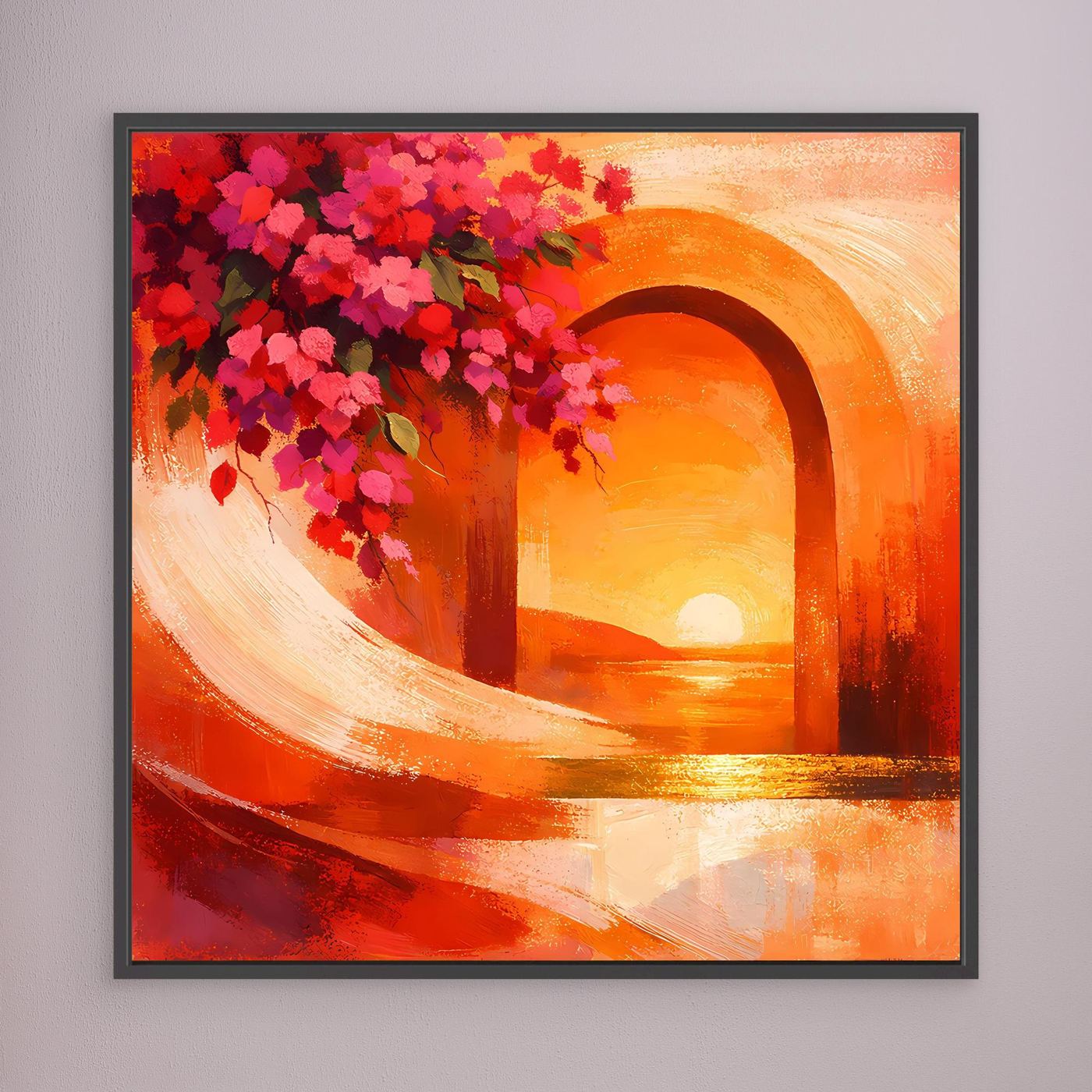 Leinwandbild: orangefarbener Torbogen mit pinken Blüten und Sonnenuntergang, schwarz gerahmt