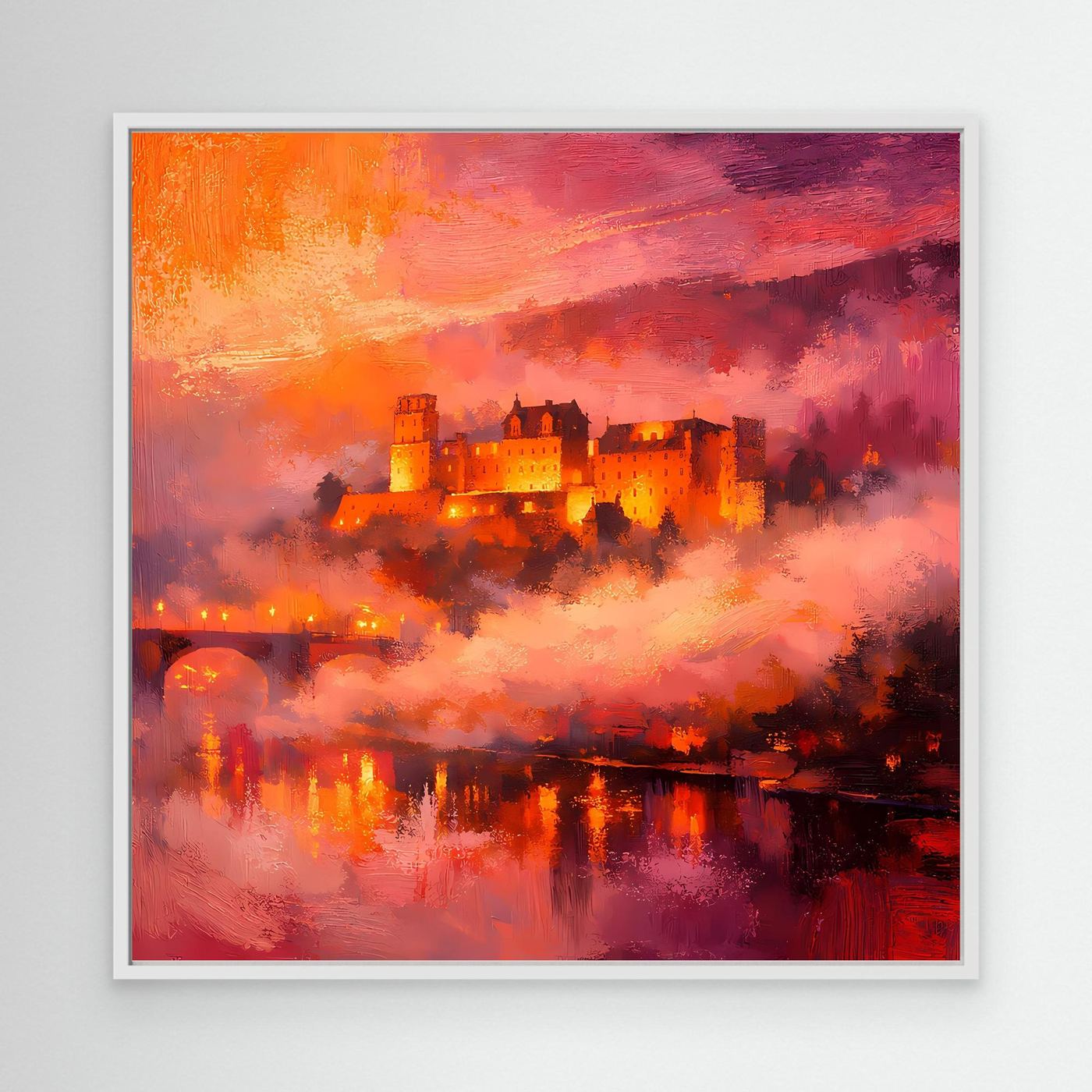Premium Leinwand Imposantes Schloss im Abendrot | Abstraktes Castle Wandbild in feurigen Farben