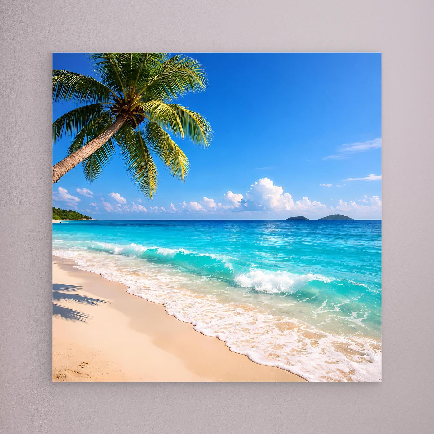 Leinwandbild mit Tropenstrand und Palme am türkisblauen Meer, ohne Rahmen