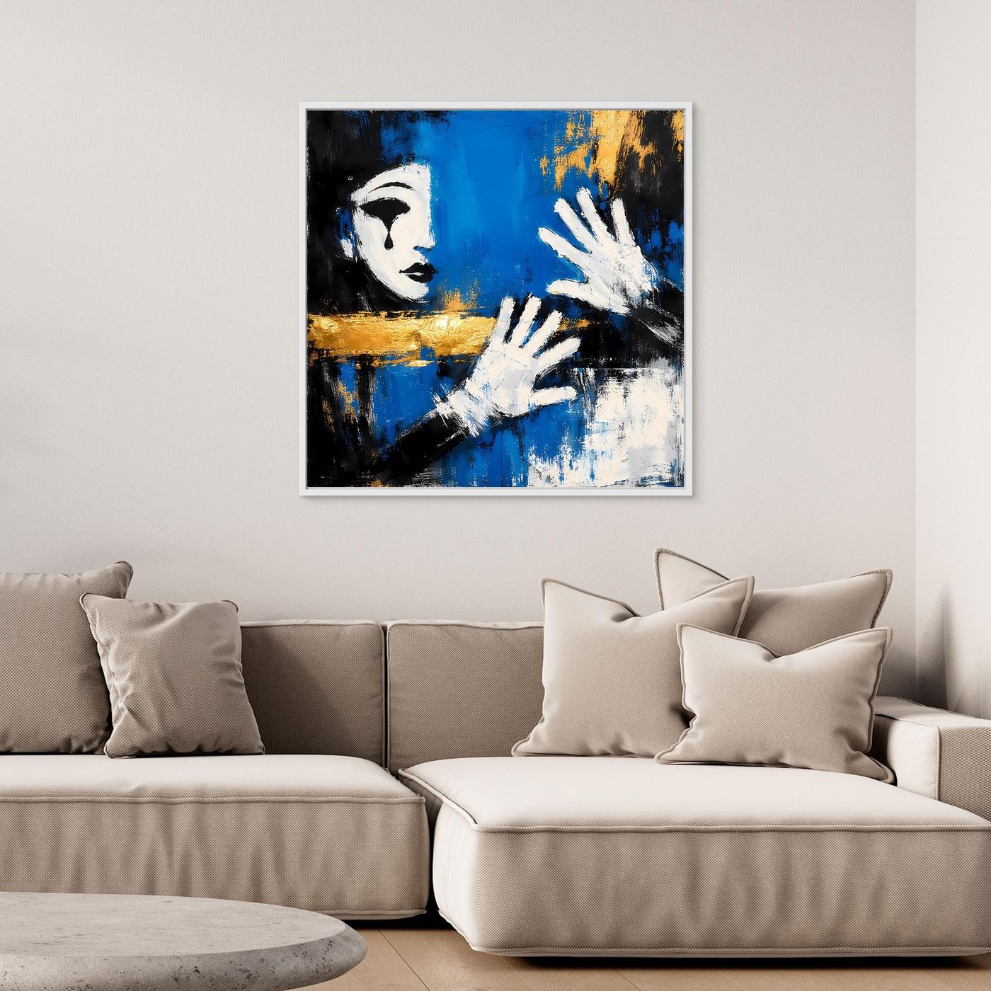 Leinwand Melancholischer Mime in Blau | Abstraktes Pierrot Wandbild Gold