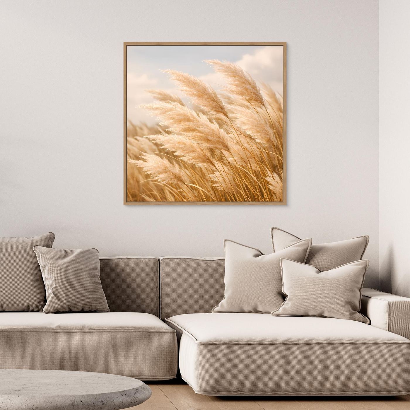 Leinwandbild mit wehenden Pampasgräsern, Eichenrahmen