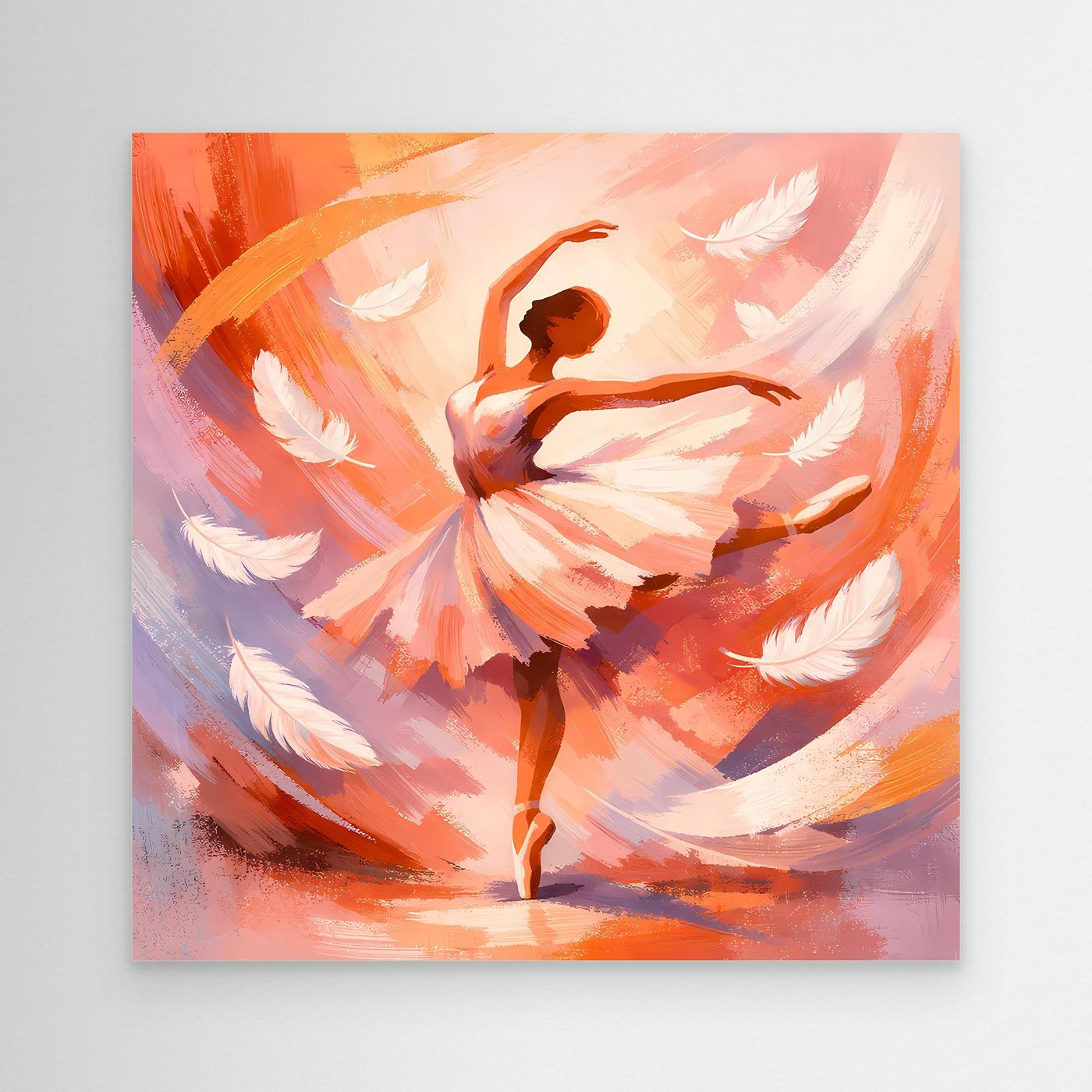 Abstraktes Leinwandbild mit Ballerina in warmen Orange- und Pinktönen, ohne Rahmen