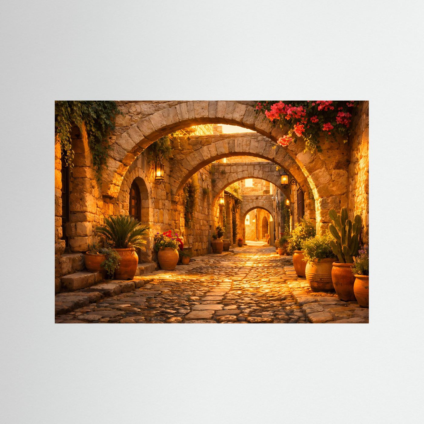 Wandbild mediterrane Gasse mit Steinbögen, Pflanzen und Lichter im schwarzen Rahmen