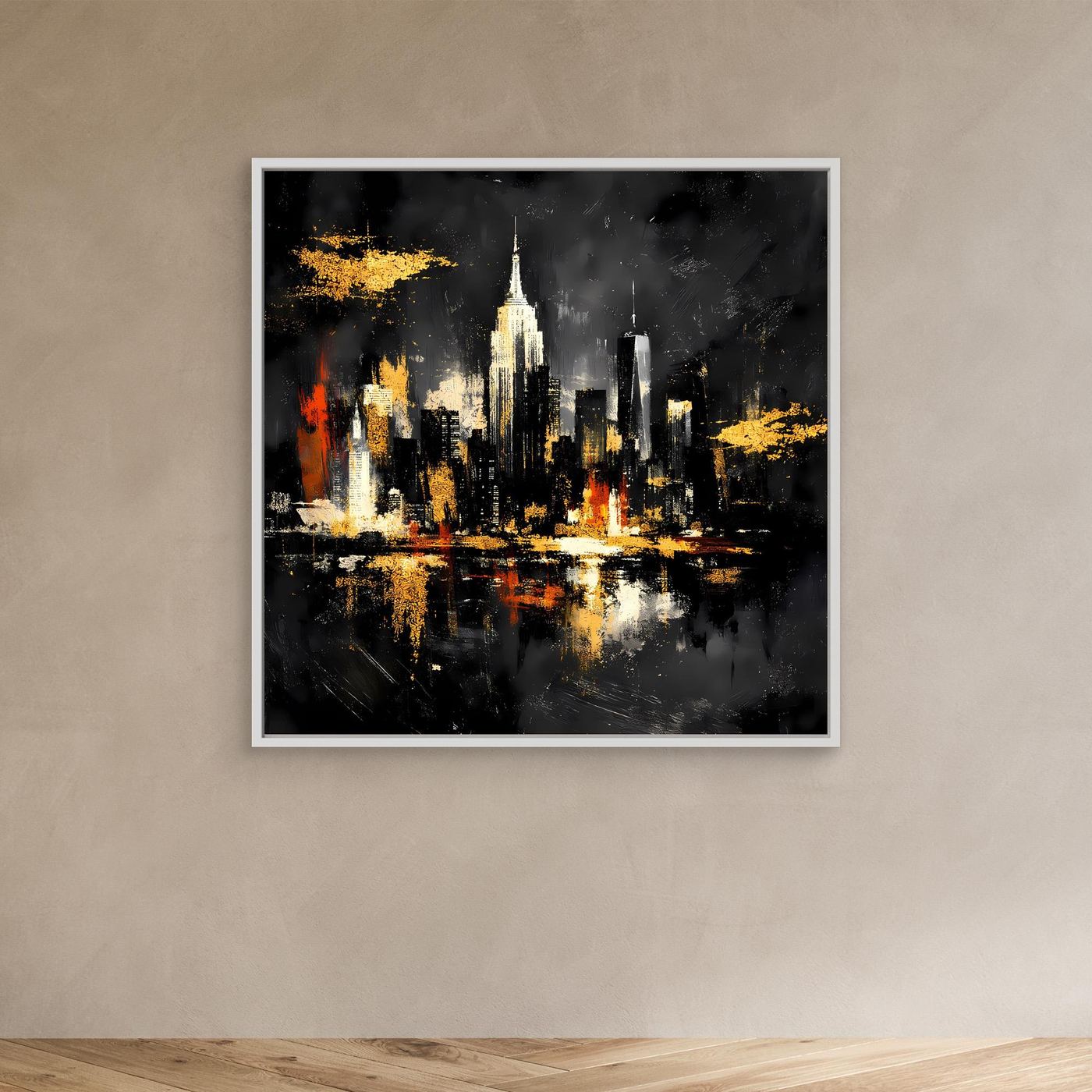 Leinwand Goldene New York Skyline bei Nacht | Abstraktes NYC Wandbild Modern