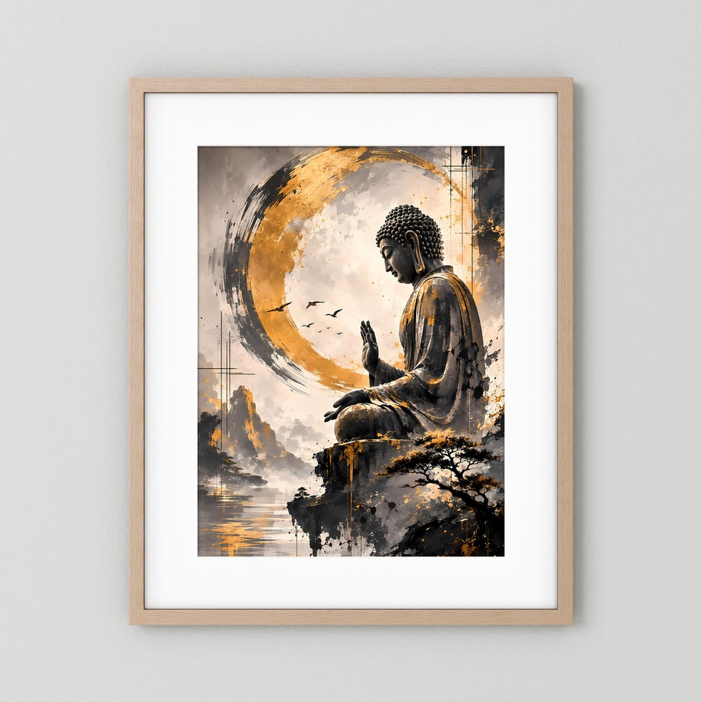 Zen-Poster mit sitzendem Buddha im goldenen Kreis, Holzrahmen in hellbraun