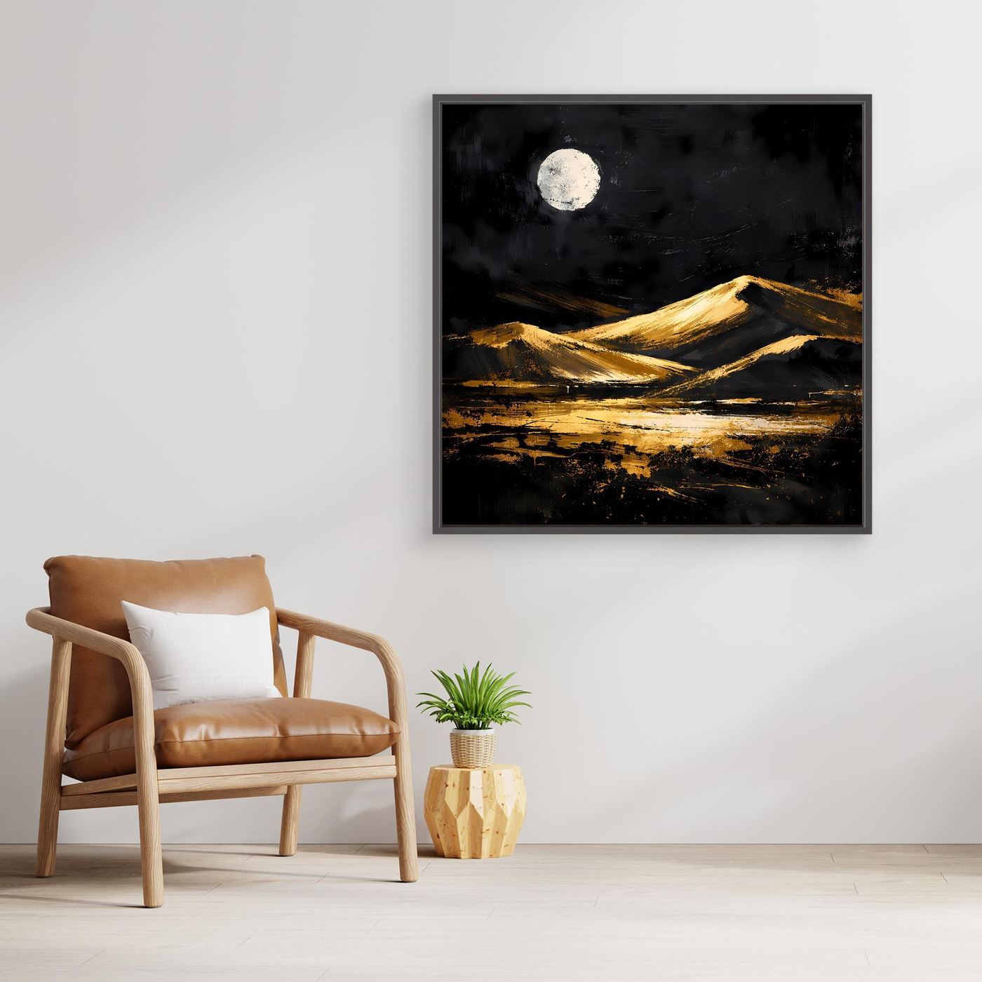 Leinwand Goldene Wüstendünen bei Vollmond | Modernes Abstraktes Landschafts Wandbild