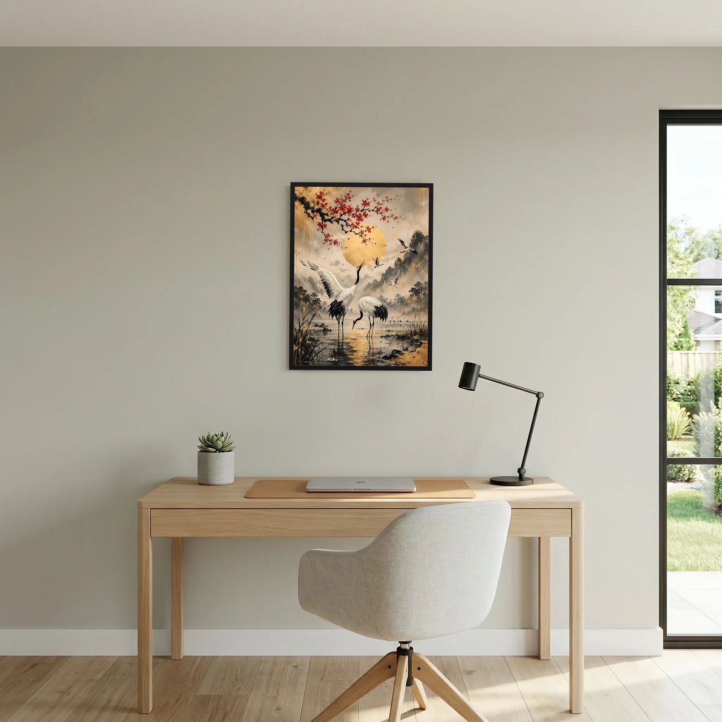 Gerahmtes Wandposter mit Kranichen, roten Blüten am Ast und gelber Sonne in Bergkulisse