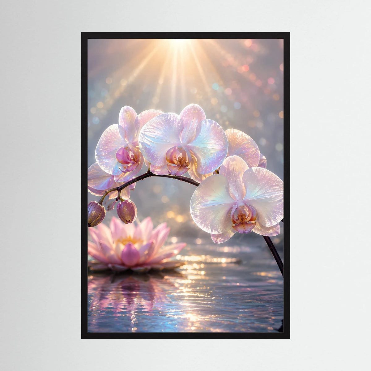 Blumenposter mit Perlmutt-Orchideen und Lotusblüte, schwarzer Rahmen im Hochformat