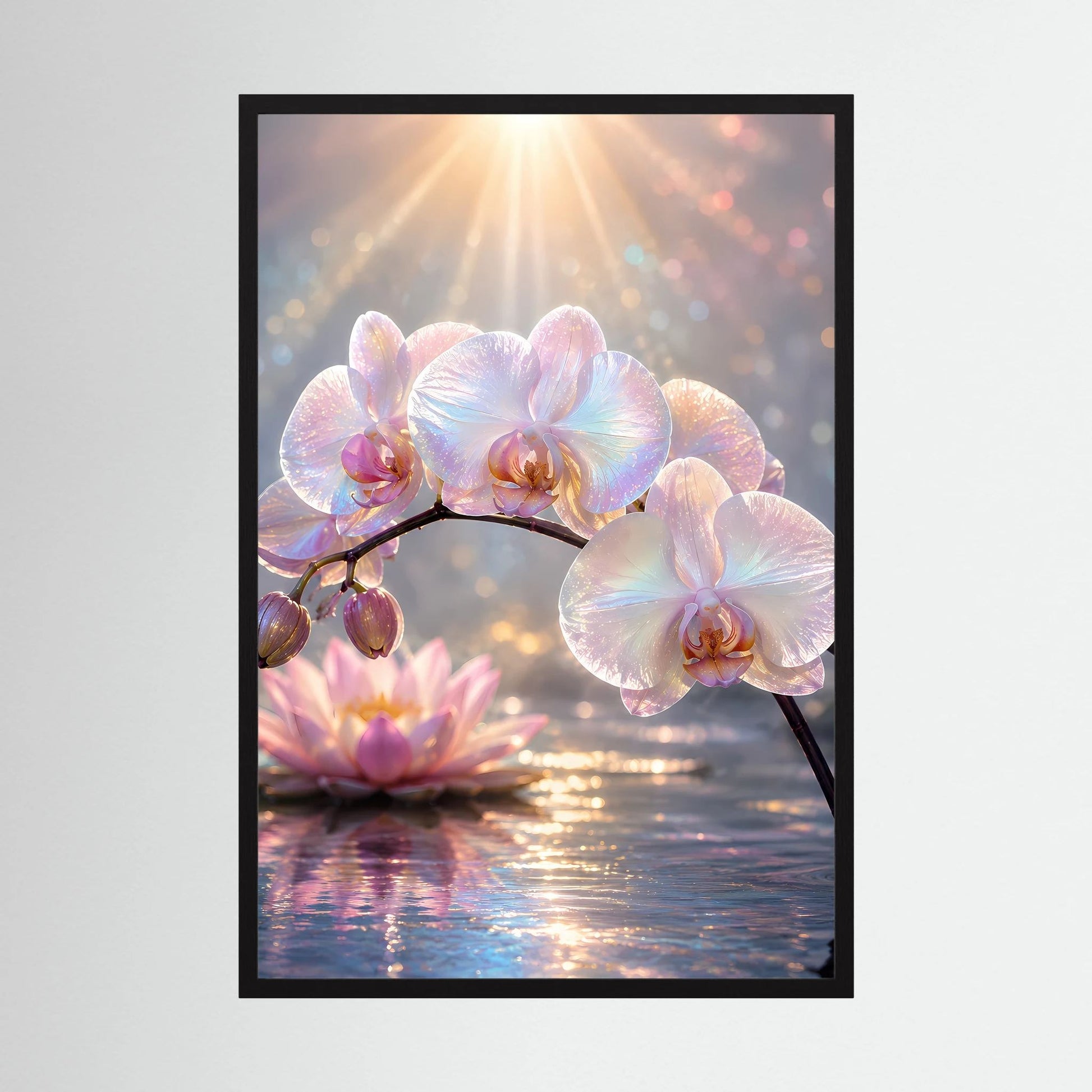 Blumenposter mit Perlmutt-Orchideen und Lotusblüte, schwarzer Rahmen im Hochformat