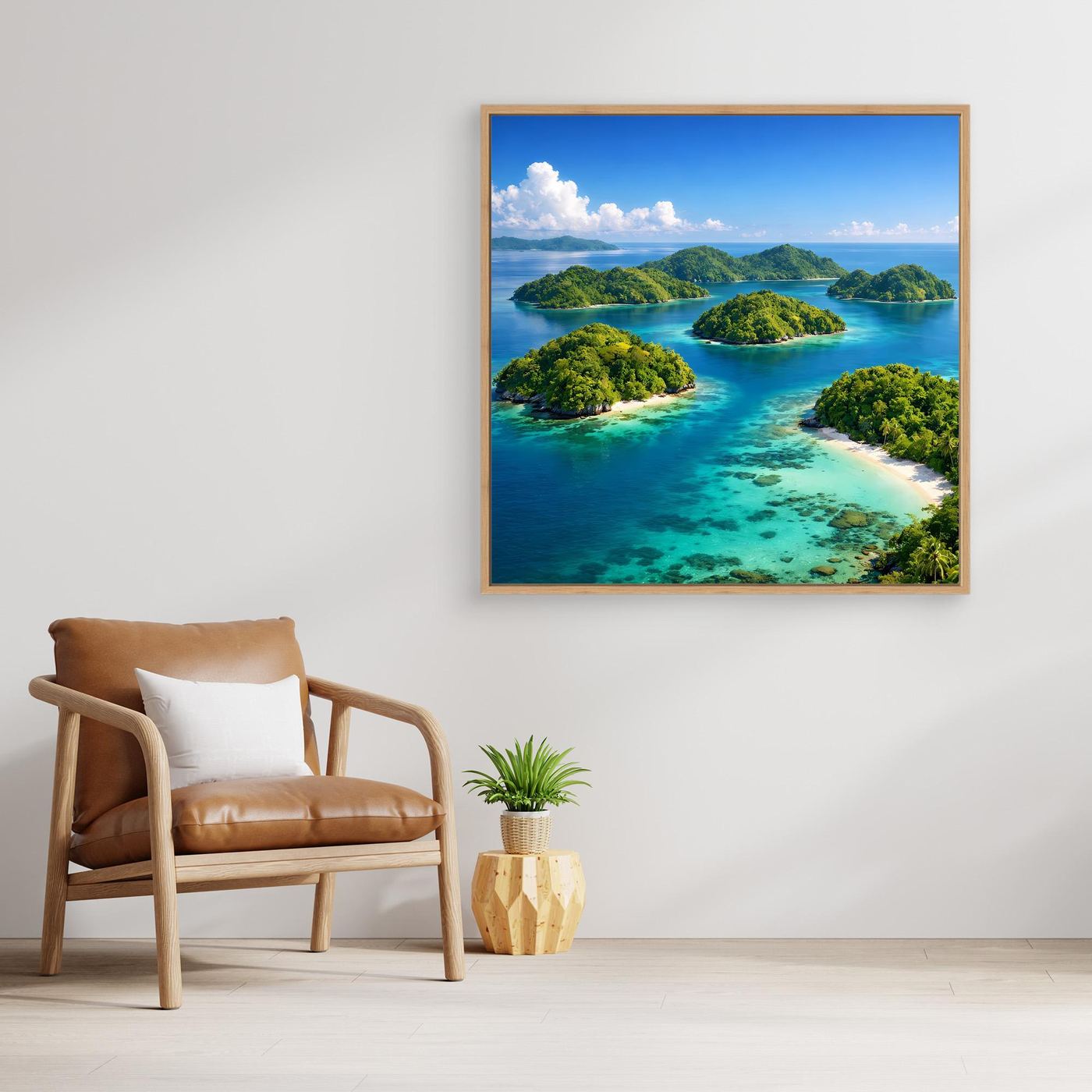 Leinwandbild tropische Insel mit türkisblauem Meer, goldener Holzrahmen