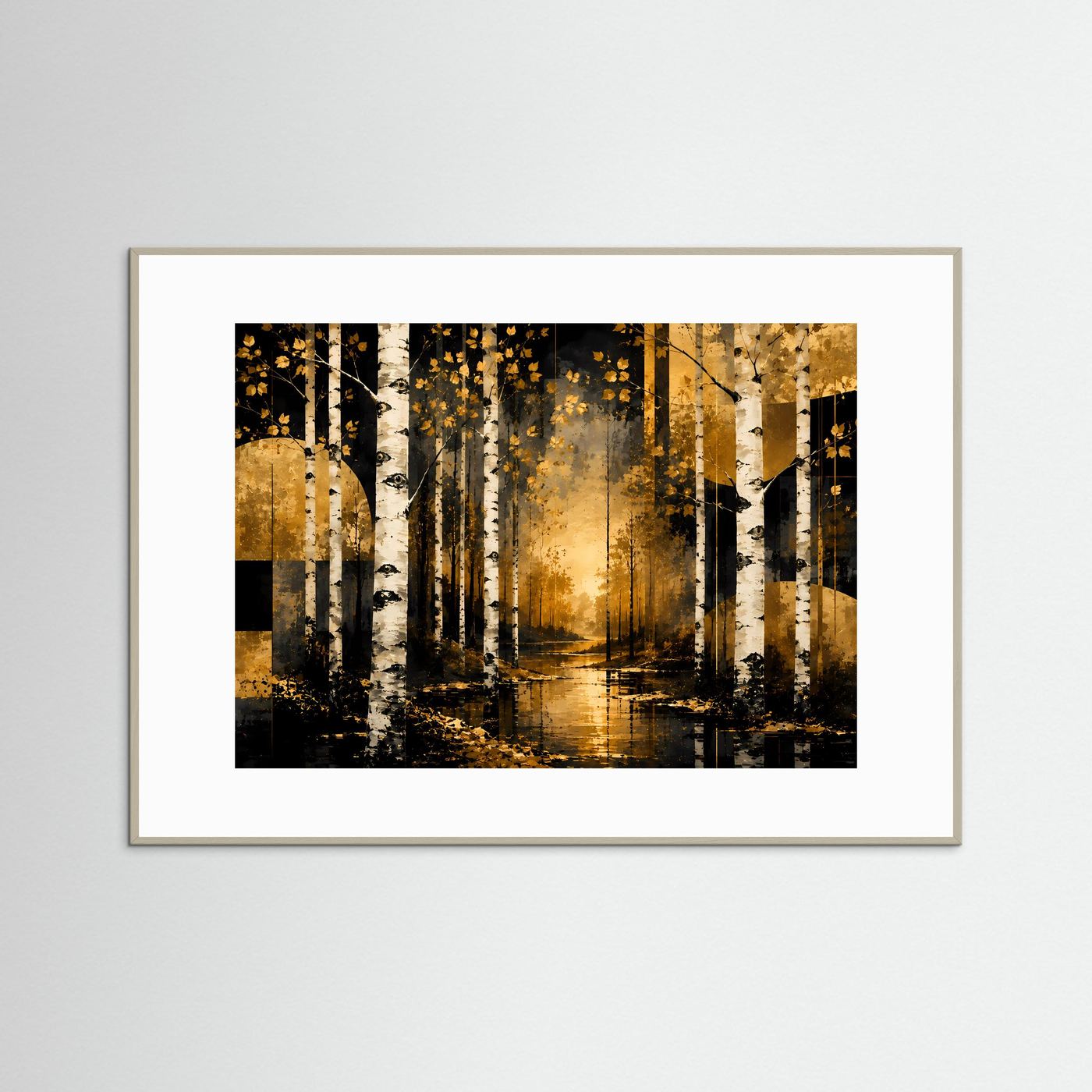 Goldener Birkenwald im Abendlicht | Abstrakte Waldlandschaft mit weißen Birken in Schwarz, Gold & Creme | Elegantes Natur Wandbild im Querformat mit moderner geometrischer Kunst