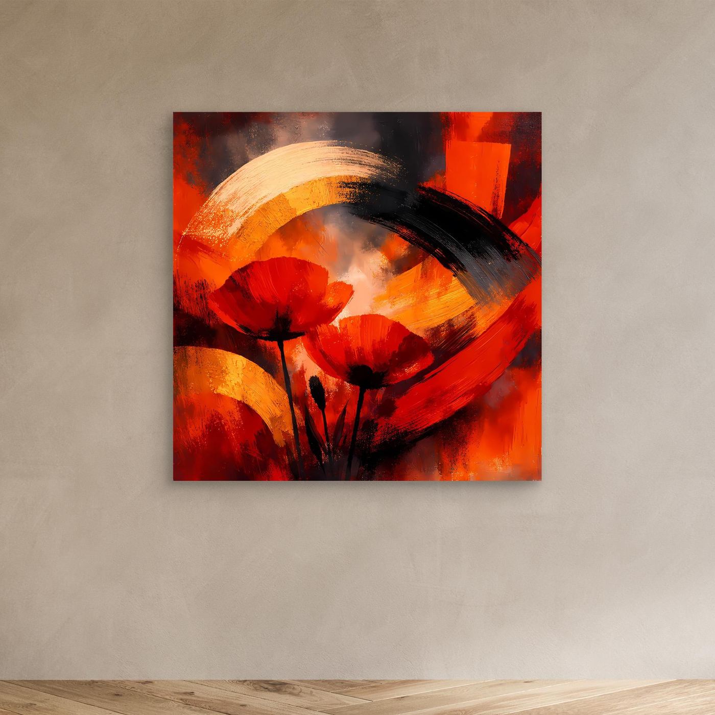 Abstraktes Leinwandbild mit roten Mohnblüten, orange-goldener Form und schwarzen Pinselstrichen