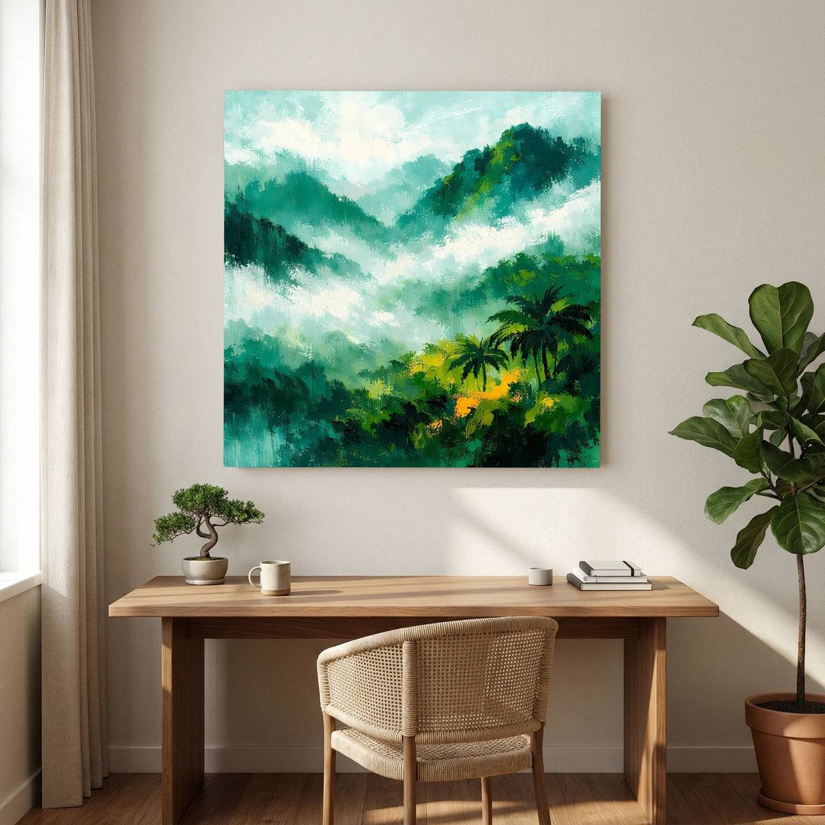 Leinwand-Wandbild mit Dschungellandschaft: Palmen, gelbe Akzente und neblige Berge